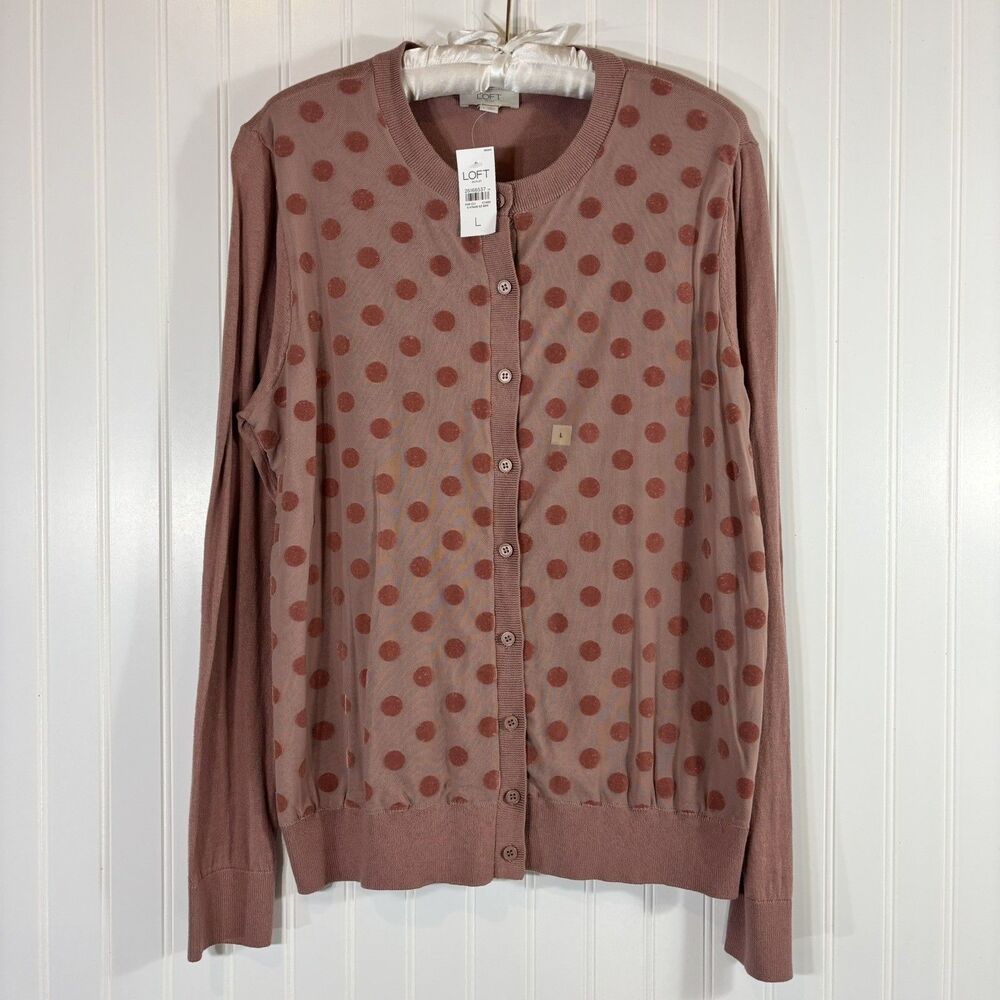 Ann Taylor LOFT Cardigan Sweater Womens Size L Mauve Polka Dot Button Front NWT